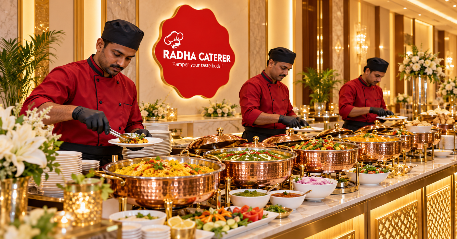 Catering services in Mumbai by Radha Caterer featuring a professional vegetarian buffet setup
