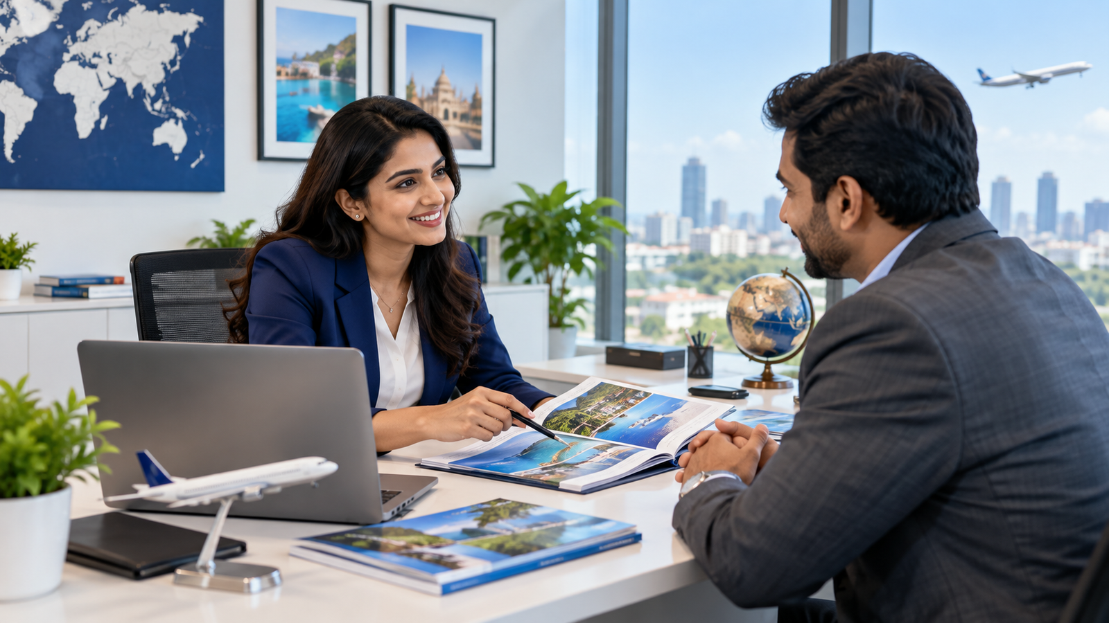 Travel consultant helping a business client plan a journey in a modern office