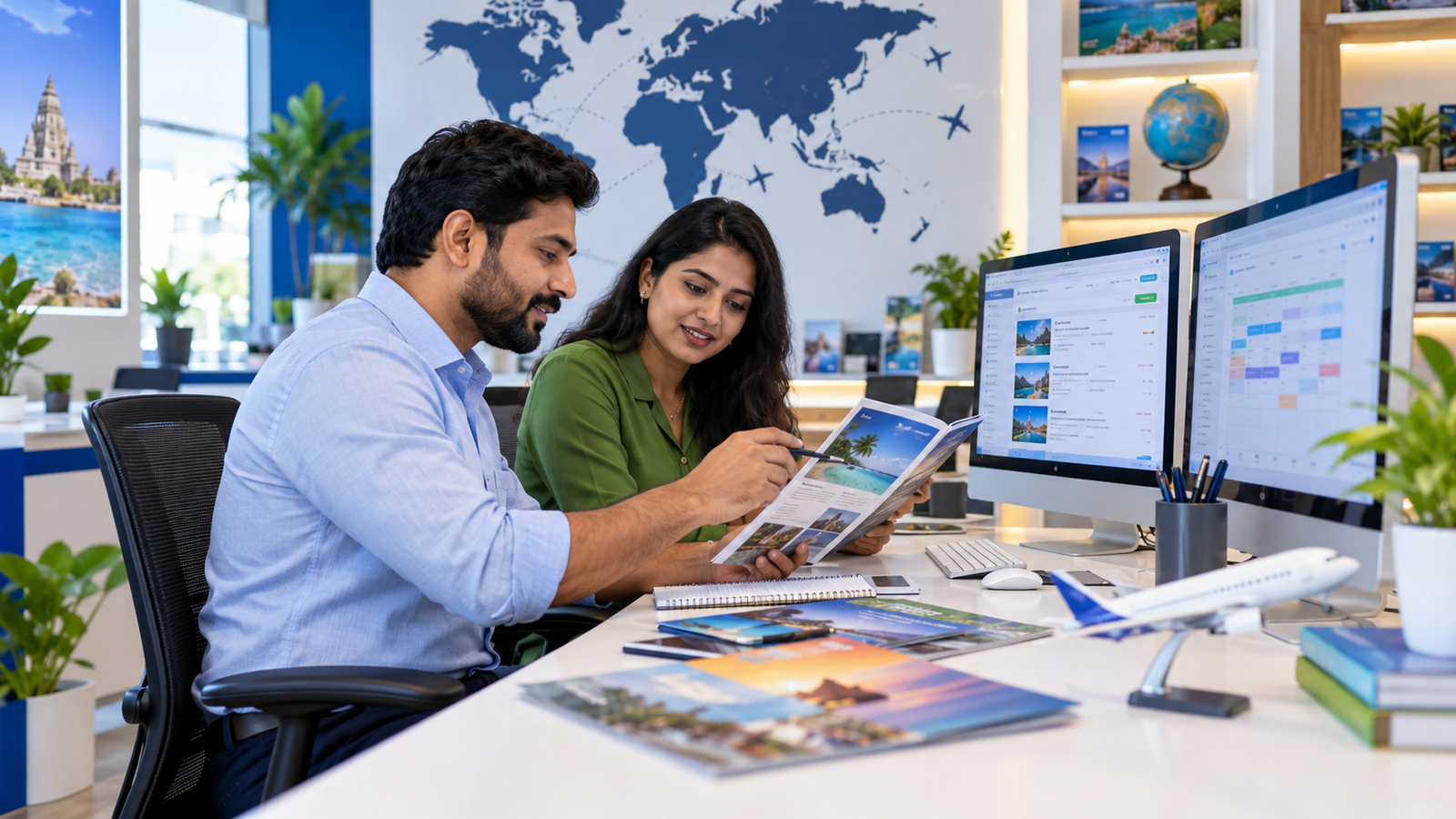 Travel agents reviewing itinerary options through Flynhop B2B Agent Login